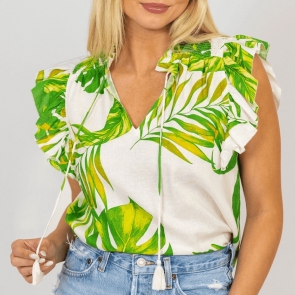 Karlie Women's Green Palm Print Linen Smock Top Tropical Blouse